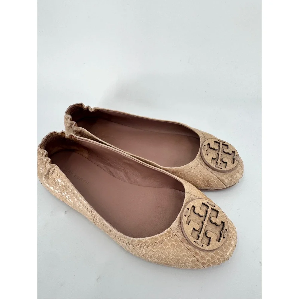 Tory Burch Minnie Travel Ballet Flats Women 6 Beige‎ Snakeskin Embossed Leather